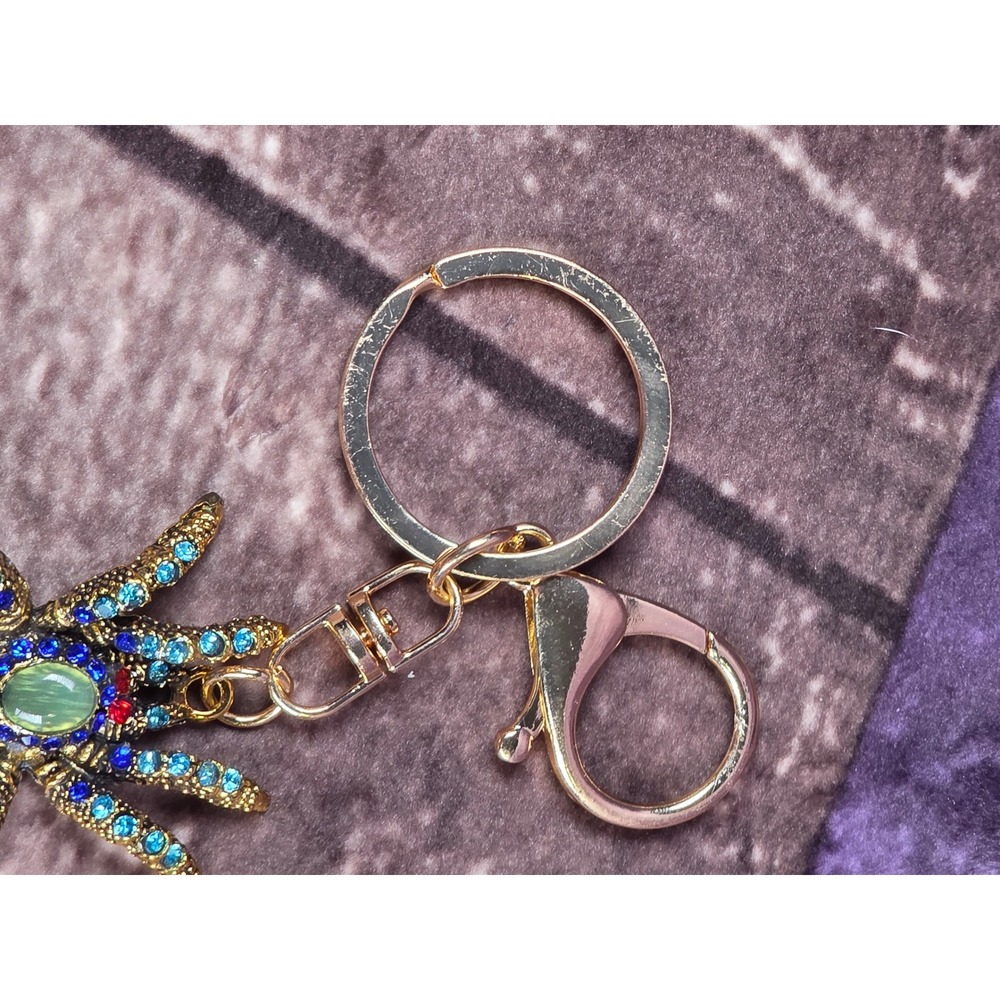 Spider Keychain Gold Tone Blue Rhinestones Jeweled Bug Purse Charm Bling - Picture 3 of 10
